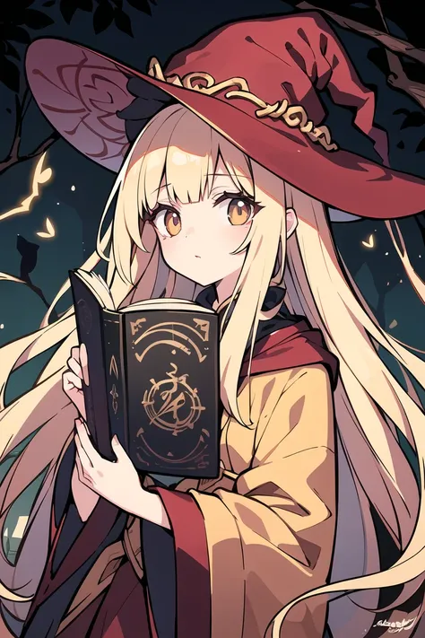 masterpiece, best quality, ultra-detailed, original characters, deep depth of field, sharp focus, portrait of a young witch reading a magic book, soft delicate beautiful attractive face with enchanting hazel eyes, flowing robes in rich shades of burgundy a...