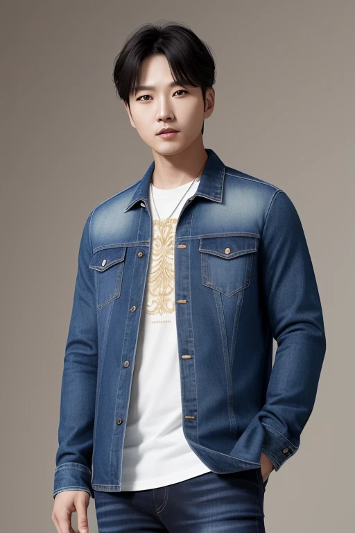 a hansome  korean man  wearing   jeans with big eyes, (masterpiece), (portrait), (raw photo), (extremely detailed cg unity 8k wa...