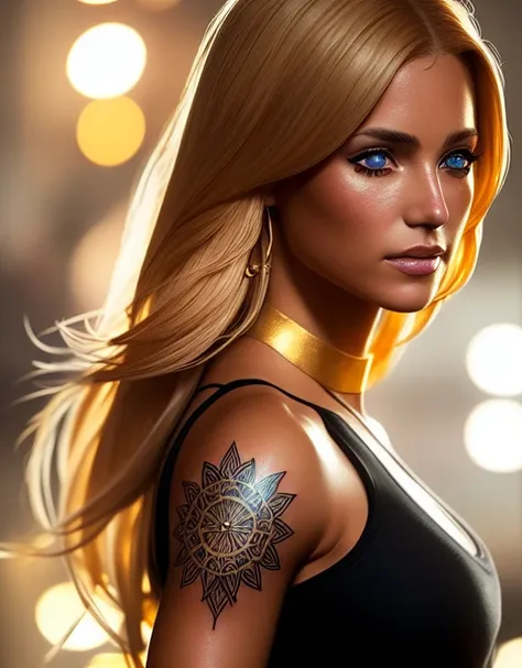 woman-with-golden-hair-hazel-eyes-tanned-skin-with-frekkles-glowing tattoos arm, trending on artstation, sharp focus, studio pho...