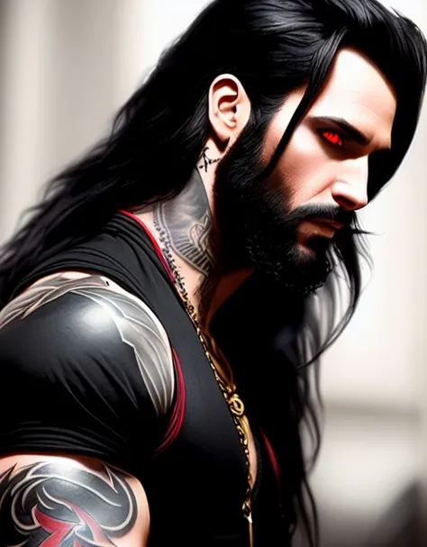 male, vampire, black long hair, red eyes, beard, tattoos, muscular, rococo, trending on artstation, sharp focus, studio photo, i...