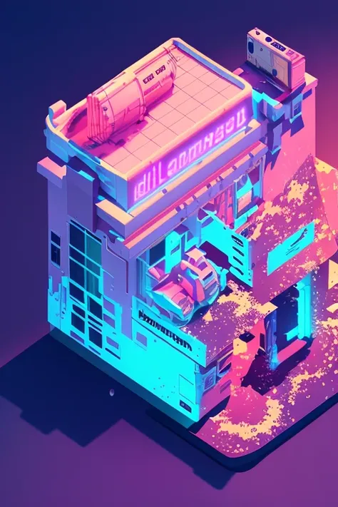 dskise, (isometric) , (flower), (vaporwave), isometric cutaway of a crystalized dilapidated city, cityscape,  volumetric lightin...