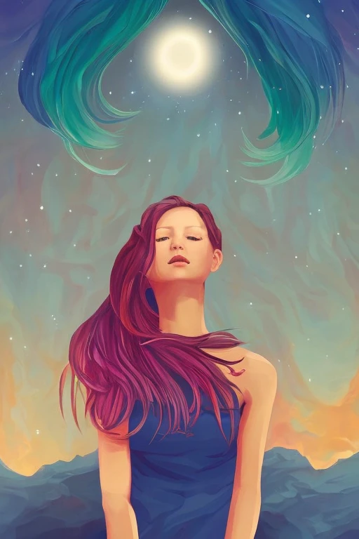 tarot card style, 1 girl, solo, portrait , digital illustrated, flowing hair, glowing rainbow hair, night, red_moon, looking at the camera , looking_at_viewer, ring lighting, rim lighting, trending on artstation, wlop, dsktaro1