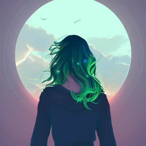 1 girl, solo, portrait , digital illustrated, flowing hair, glowing rainbow hair, bare_shoulders, night, red_moon, round_window, looking at the camera ,sitting, ring lighting, cinematic, rim lighting, trending on artstation, wlop, dsktaro1