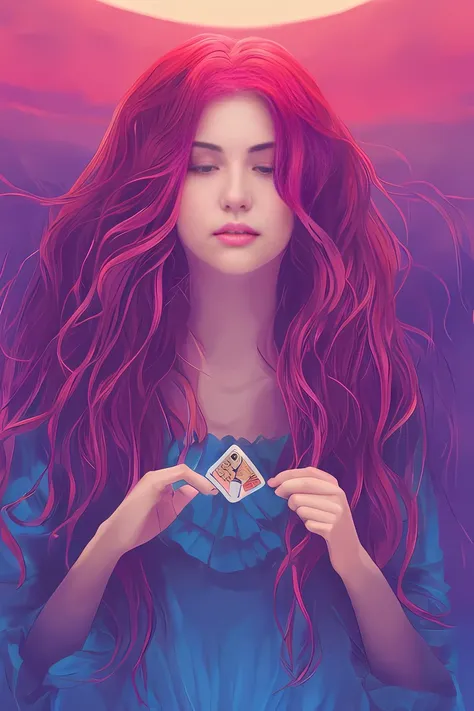 tarot card style, 1 girl, solo, portrait , digital illustrated, flowing hair, glowing rainbow hair, night, pastel , looking at the camera , looking_at_viewer, ring lighting, rim lighting, trending on artstation, wlop, dsktaro1