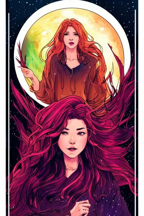 tarot card style, 1 girl, solo, portrait , digital illustrated, flowing hair, glowing rainbow hair, night, red_moon, looking at the camera , looking_at_viewer, ring lighting, rim lighting, trending on artstation, wlop, dsktaro1