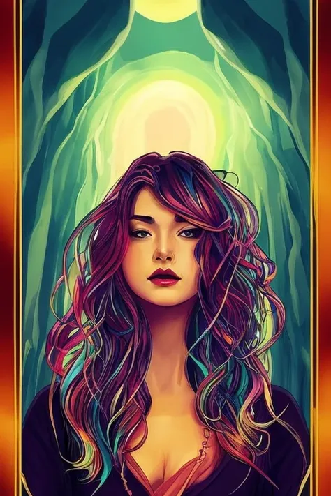 tarot card style, 1 girl, solo, portrait , digital illustrated, flowing hair, glowing rainbow hair, night, red_moon, looking at the camera , looking_at_viewer, ring lighting, rim lighting, trending on artstation, wlop, dsktaro1