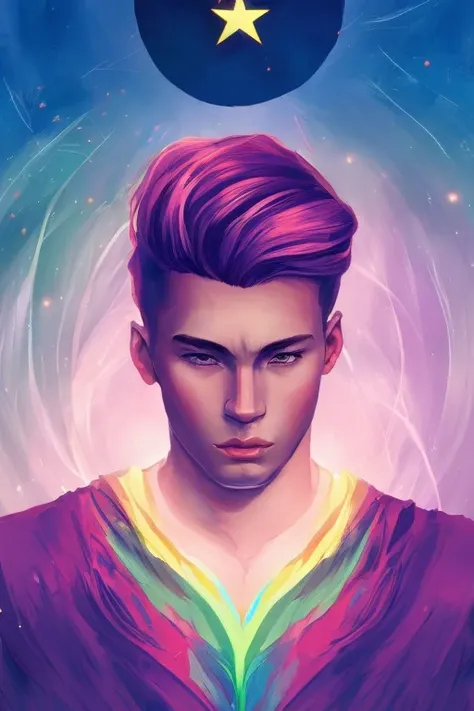 tarot card style, 1boy, male_focus, shirtless, solo, portrait , digital illustrated, flowing hair, glowing rainbow hair, night, pastel , looking at the camera , looking_at_viewer, ring lighting, rim lighting, trending on artstation, wlop, dsktaro1