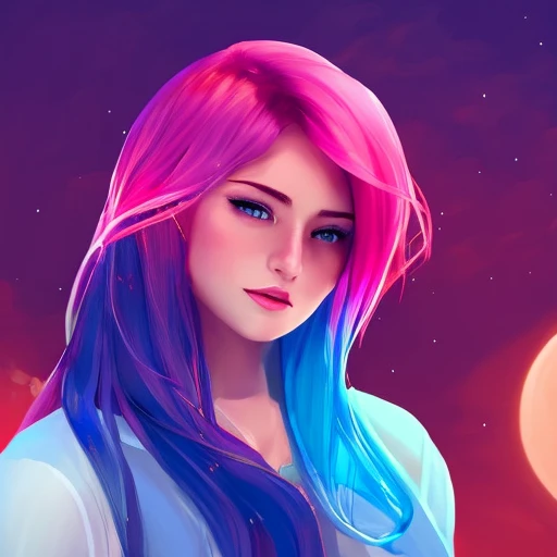 1 girl, solo, portrait , digital illustrated, flowing hair, glowing rainbow hair, night, red_moon, looking at the camera , looking_at_viewer, ring lighting, rim lighting, trending on artstation, wlop, dsktaro1