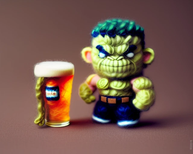 miniwool style of hulk sad drinking a beer, made of wool, product photo, centered, cute, mini