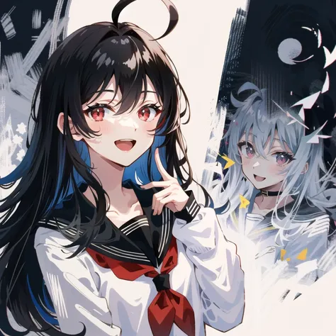 detailed,best quality,masterpiece,illustration,wallpaper,,1girl,solo,upper bodywhite bow,:d,smile,eyeliner,long hair, black hair,(ahoge:1.2),bangs,hair between eyes,gray inner hair,
red eyes,looking at viewer,black sailor collar,black serafuku,long sleeves...