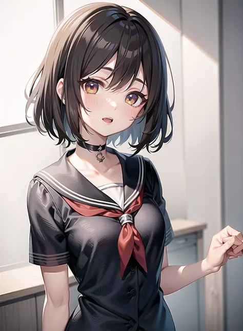 anime,animation,best quality, ultra high res, higly detailed, 
4k,
at the school,
school uniform,
virtualgirl-Rin,small breasts,bob hair, short hair, brown eyes, black choker,brown hair,
 <lora:virtualgirlRin_v30:0.25>