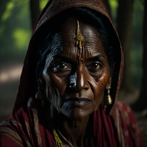 portrait of an indian village woman in forest in himachal pradesh, clear facial features, cinematic, 35mm lens, f/1.8, accent li...