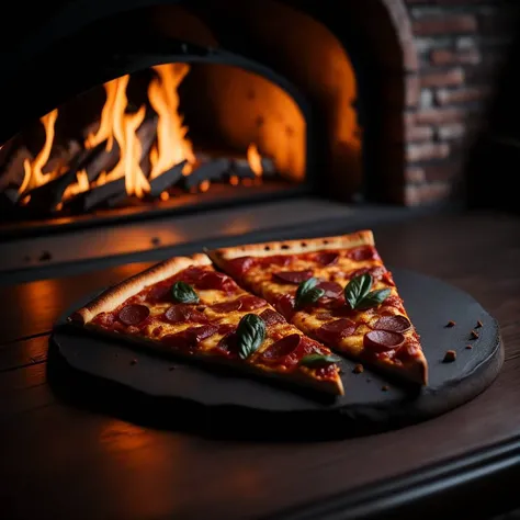 Macrophotograph of a slice of delicious pizza in front of a stone oven, fire oven, light it fire, food photography, advertising photography, soft light, extremely detailed, beautiful, establishing shot, artistic, hyperrealistic, octane render, cinematic li...