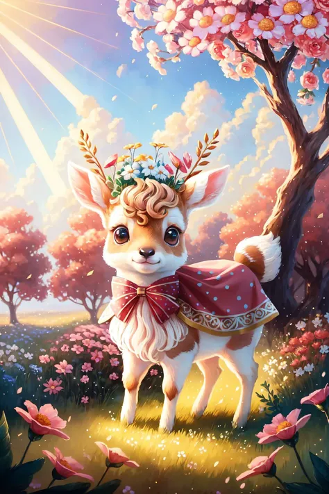 a drawing of a chibi style cute little baby deer with a bow surrounded by beautiful flowers in a meadow, 8k resolution concept a...