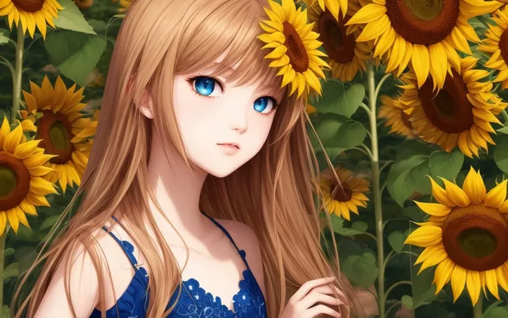 an extremely detailed softcore illustration of a cute beautiful girl on a sunflower field, perfect body, (anime illustration), (...