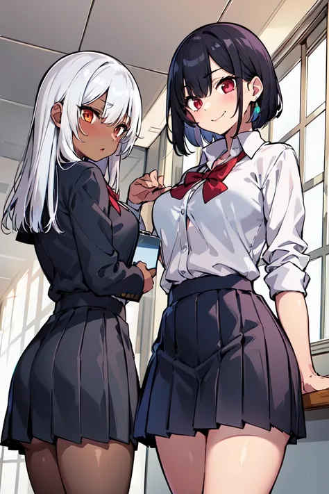 (best quality,high quality, masterpiece,2girl,loli),school, day,
AND 2girls, school uniform, white hair, dark skin,long hair, embarrassed,
AND 2girls, school uniform, black hair, shiny skin, short hair, evil smile, mesgaki