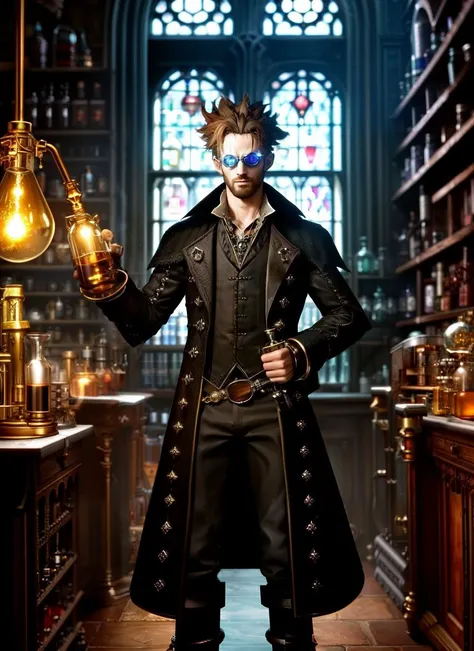 gothic and crazy mad alchemist brewing hazardous potions in complex scientific instruments, standing in his crowded magic potions shop, he has wild hair and goggles, hyper detailed, surrealism, hyper realistic, extremely complex, gothic, dark, dramatic, hy...