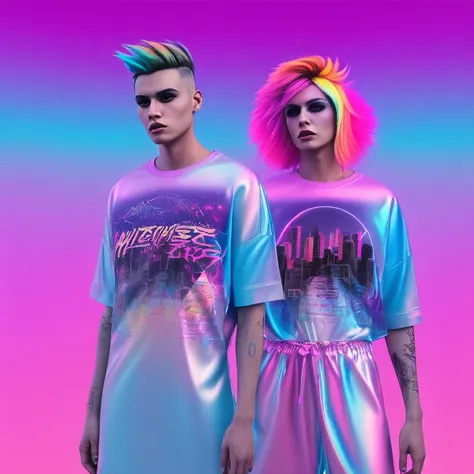 femboy in a long tshirt,  punk makeup, vaporwave elements,   tokyo sunset,wild hair colors, trending on arstation, synthwave, ci...