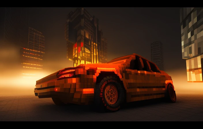 car in (mcwrld), dramatic lighting, detailed art, voxel, voxel model, pixels, night time, tone mapped, glowing lights, fog, bloc...