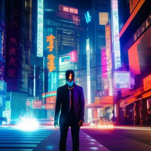 cyberpunk a man in a futuristic suit with a gun in his hand and a demon mask on his head, in a neon city