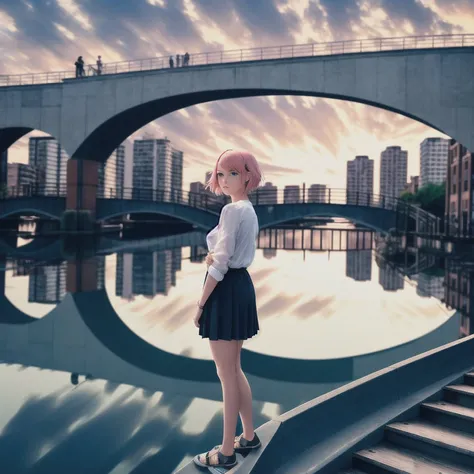 masterpiece, best quality, highly detailed,{{1girl}}, outdoors, short hair, pink_hair, parted lips, looking at viewer,partially unbuttoned, realistic, real world location, ,looking at viewer, hand in own hair, close to viewer, ringed eyes,
water, scene...