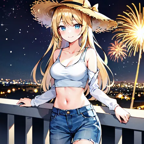 1girl, aerial_fireworks, arm_support, (aurora:1.28), blonde_hair, blue_eyes, blue_pants, breasts, bridge, christmas_lights, city...