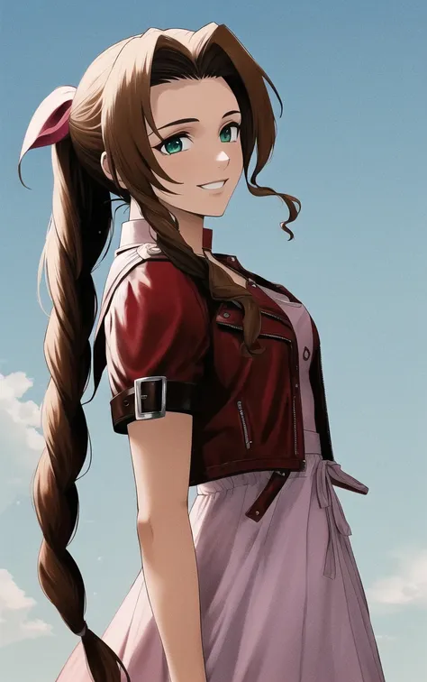 best quality, 1girl, standing, smile, looking to side, sky background, corneo_aerith