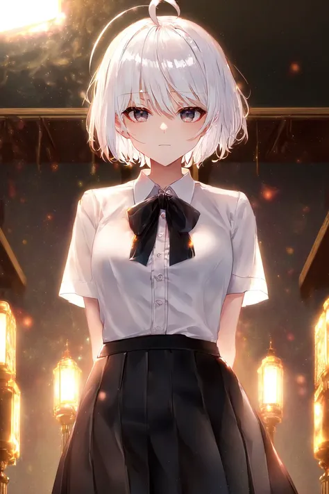 ((masterpiece, best quality)), beautiful detailed glow, spotlight, soft glowing hair, (1girl), (solo), (female focus), (ahoge, white hair, short hair), black eyes, ((white shirt), (buttoned shirt)), ((black skirt), (short skirt)), standing, white backgroun...