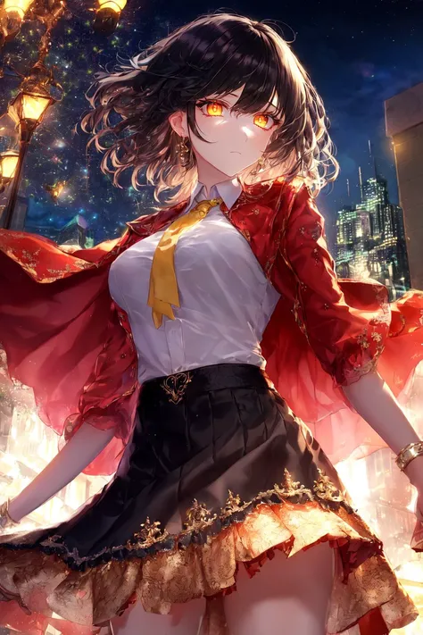 1girl, masterpiece, best quality, beautiful detailed glow, extremly detailed,cinematic lighting, intricate detail, finely detailed beautiful face and eyes, 8k, dark intense shadows, black hair, short hair, bangs, floating hair, glowing hair, yellow eyes, s...