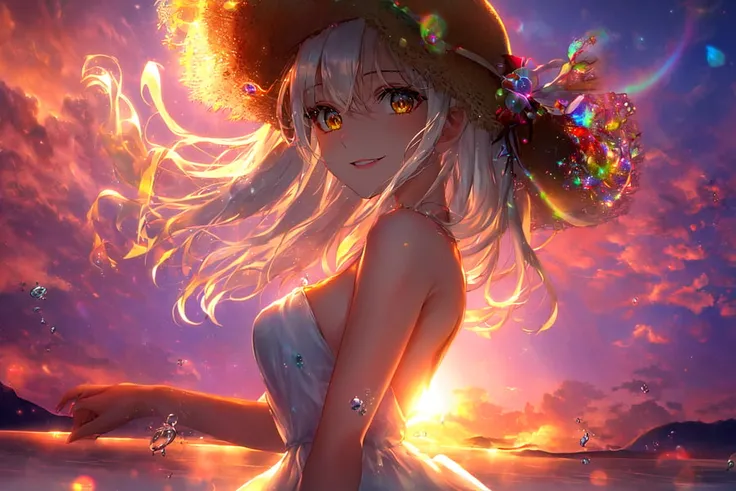 1girl, masterpiece, extremly detailed, (beautiful detailed glow), lens flare, white hair, short hair, floating hair, looking at viewer, light smile,(aquatic eyes), pink lips, white dress, medium breasts, upper body, straw hat, ((salar de uyuni)), sunrise, ...