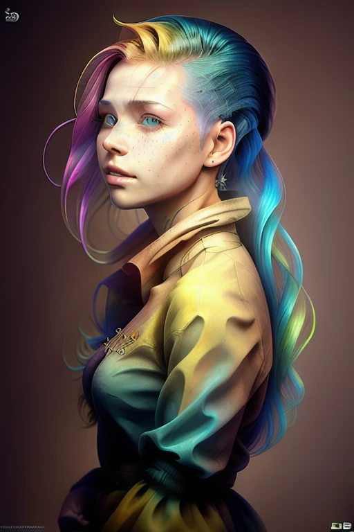 realistic digital portrait of a young woman looking at far, (ocean in the background), blue_sky, intricate iridescent rainbow hair, cloud, depth_of_field, from 1/4 right, (highly detailed face and green eyes:1.1), flying hairs, (mischievous smile), freckl...