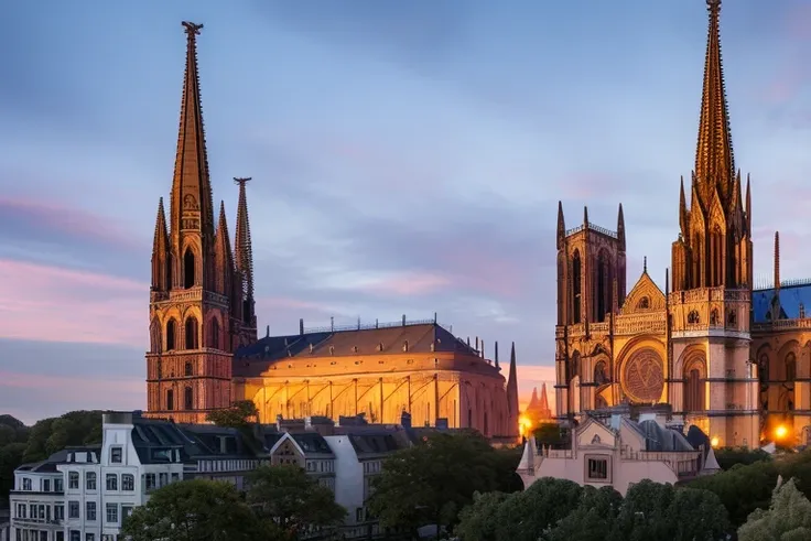 wide angle aerial view, dvArchGothic and dvArchVictorian style buildings, professional architecture photography, 16mm, f8, portrait, photo realistic, hyperrealistic, orante, super detailed, intricate, dramatic,dramatic sunset lighting, shadows, low contras...