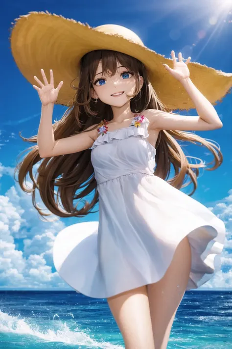 absurdres, 1girl, ocean, railing, white dress, (sun hat:0.85), smile, waving, (cowboy shot:0.3), (medium breasts:0.4)