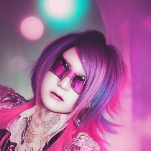 1girl, solo,  visual kei, japanese, asian, foggy neon futuristic,  rock star portrait style, looking_at_viewer, cinematic lighti...