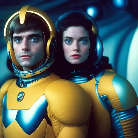 mdj style, solaris film still with beautiful sci-fi girl and a handsome guy in spaceship in (mdj style), beautiful hair, closeup...