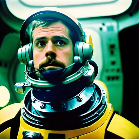 perfect portrait photo of a handsome astronaut (in a spaceship) (in a spaceship) observing something frightening in (mdj style),...