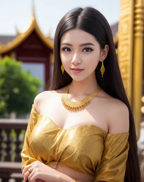 1girl, (ulzzang-6500:0.7), kpop idol, yae miko, detached sleeves, bare shoulders, gold hair, long hair, thai clothes, best quality, (painting:1.5), (hair ornament:1.35), jewelry, earrings, large breasts, lantern light, depth of field, detailed face, face ...