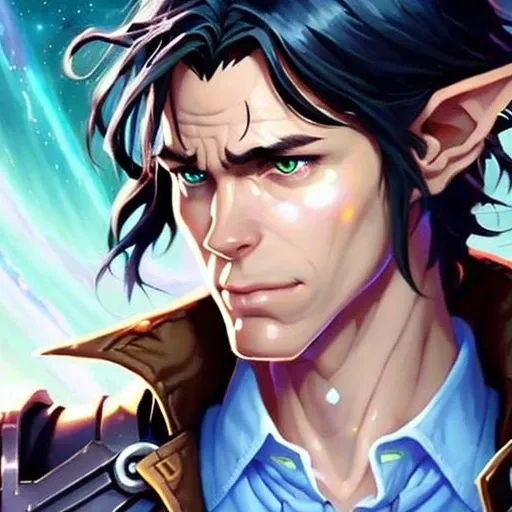 handsome elf, moody, salt and pepper punk hair, profile picture, cosmic background, steampunk fantasy painting by greg manchess and makoto shinkai, trending on artstation, [:vibrant digital painting:0.4]