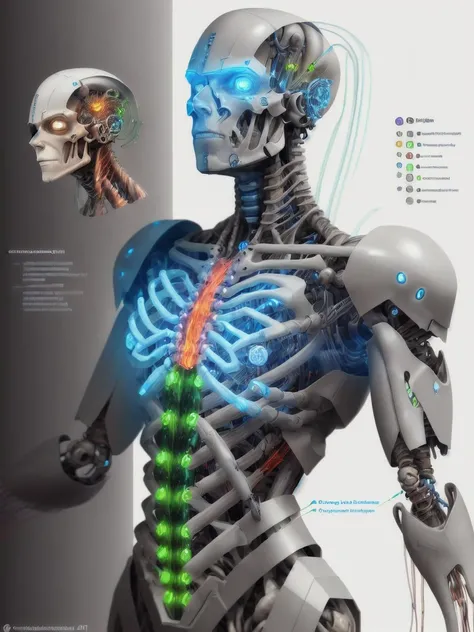 3d technical diagram of a battle cyborg, translucent skin, human face, bio-organic, tubes and veins, titanium bones, brain corte...