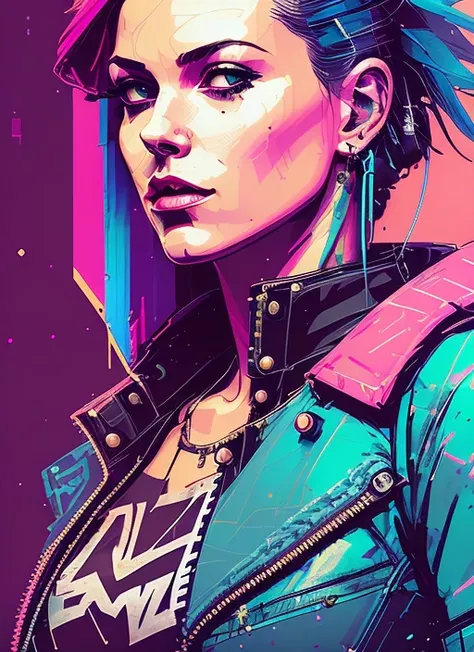 snthwve style nvinkpunk close up portrait of a punk woman, punk rock, roller derby, tank girl, bubblegum, edgy, dangerous, high ...