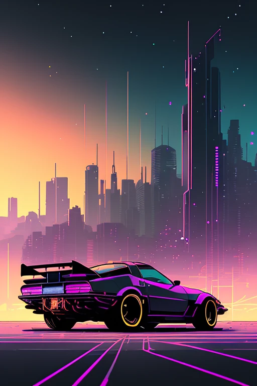 (nvinkpunk:1.2) (snthwve style:0.8) corvette, lightwave, sunset, intricate, highly detailed