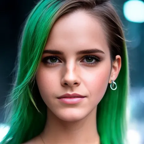 emma watson closeup portrait with green hair pose in a futuristic city street, light shattering, raytracing, octane max detail (lightroom) red:68% blue:41% green:37% filmgrain_minimal, texture:+25%, clarity: +40%, Contrast:+15%, shadows: +11% , sharpen:100...