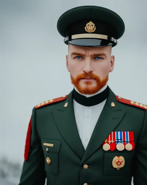 a russian soilder in a white uniform with black fur trim and red medals, handsome ginger man, blue eyes, youthful, playful, flirty, showboat, (lightroom) red:68% blue:41% green:37% filmgrain_minimal, texture:+25%, clarity: +40%, Contrast:+15%, shadows: +11...