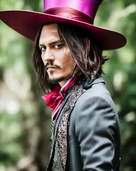 Johnny Depp as Mad-Hatter, High Definition, Futuristic Colors, 16K Rendering, Sharp Focus, Alice-In-Wonderland Theme Mystic Dense Jungle. HDR, Natural Light, Smooth Edges, (lightroom) red:68% blue:41% green:37% filmgrain_minimal, texture:+25%, clarity: +40...