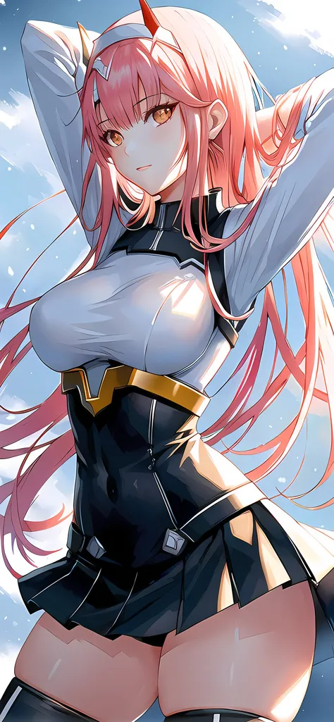 (zero_two_001:1.4), thicc school 1girl wearing thighhighs pleated skirt, skirt pull, skirt lift, revealing panties, short skirt, gorgeous features, clear face, symmetrical face, beautiful face, rendered eyes, detailed eyes, beautiful hair, smile, long legs...