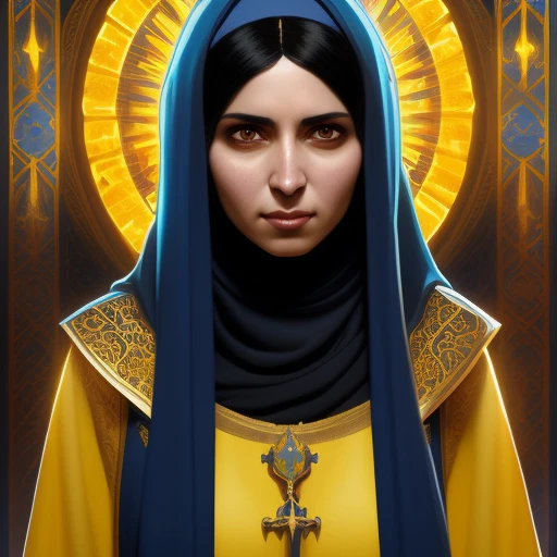 portrait of a middle - eastern female cleric with straight black hair wearing blue and yellow vestments casting fireball, fantasy, highly detailed, digital painting, artstation, concept art, character art, art by greg rutkowski and tyler jacobson and alpho...