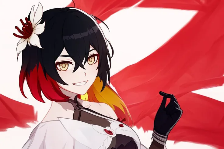 masterpiece, best quality,((ultra-detailed)), (illustration), ((an extremely delicate and beautiful)),dynamic angle,floating, (beautiful detailed eyes),(bright eyes) ,(detailed light),solo,
1girl, bangs, black_hair, flower, gloves, grin, hair_between_eyes,...