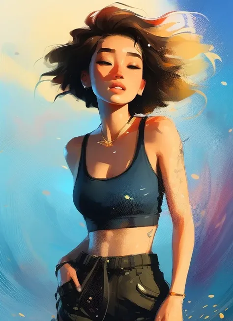 samdoesarts style award winning half body portrait of a beautiful woman in a croptop and cargo pants with ombre navy blue teal hairstyle with head in motion and hair flying, paint splashes, splatter, outrun, vaporware, shaded flat illustration, digital art...