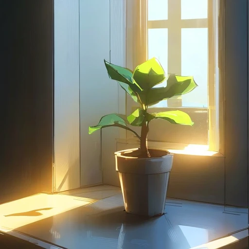 a plant on a window sill, sunbeams, natural lighting, by samdoesarts