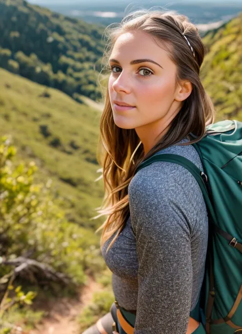 raw photo, 1girl, a (portrait:1.2) of full body a cute woman as a hiker on the top of a hill, (high detailed skin:1.2), 8k uhd, ...